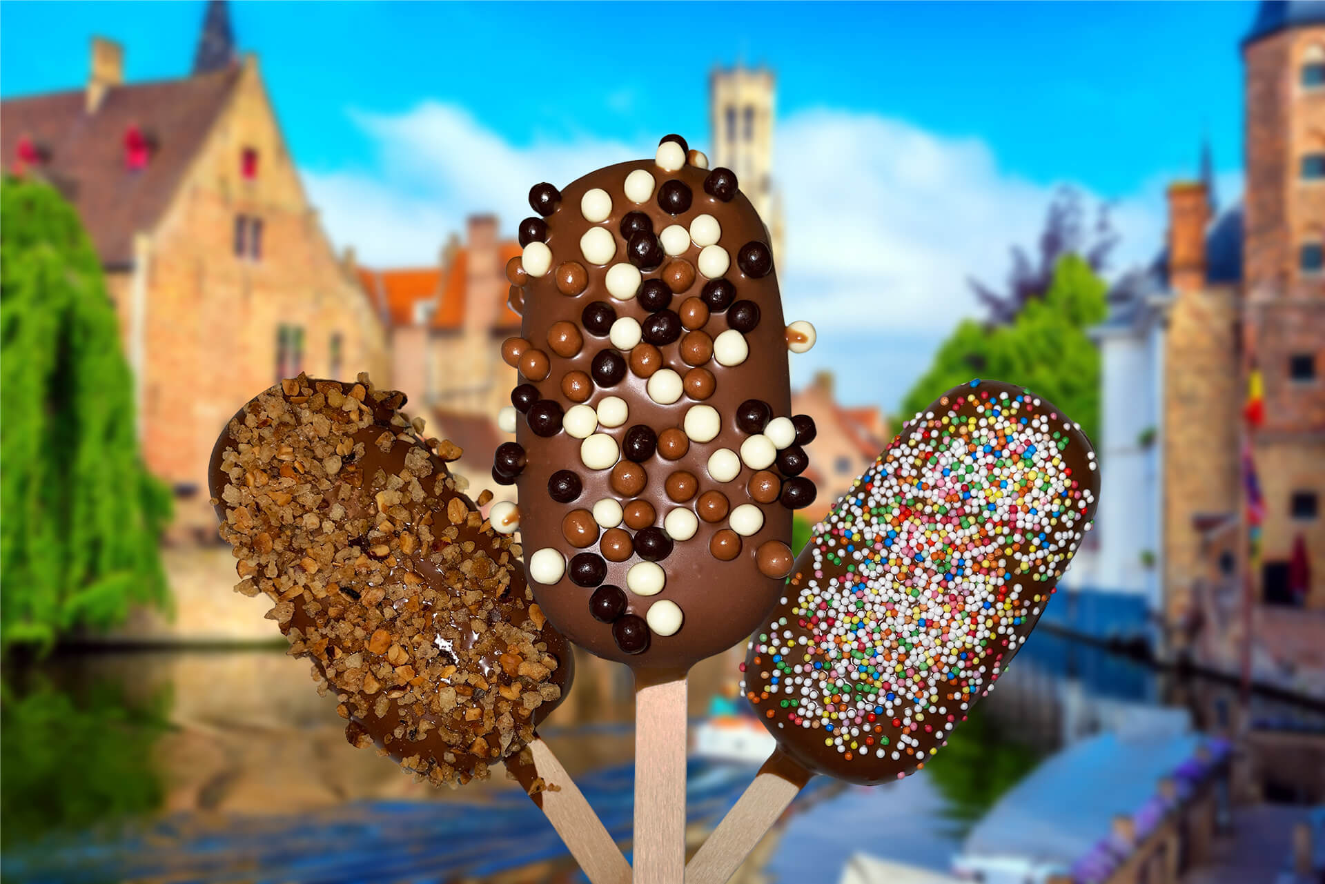 Three different customized Go.fre ice-creams-on-a-stick in front of the Belfort of Bruges.